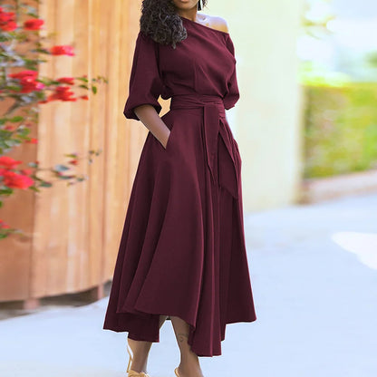 Elegant Diagonal Neck Middle Sleeve Women's Casual Retro Long Dress