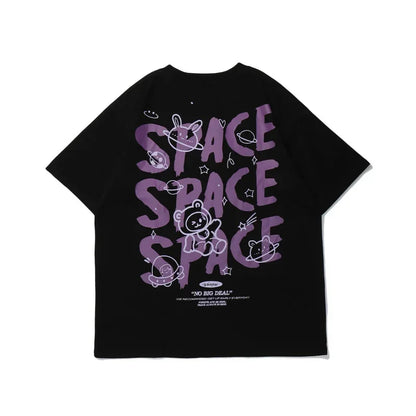 Women Loose Retro Printed Graffiti Short Sleeved Space Oversized T-shirt