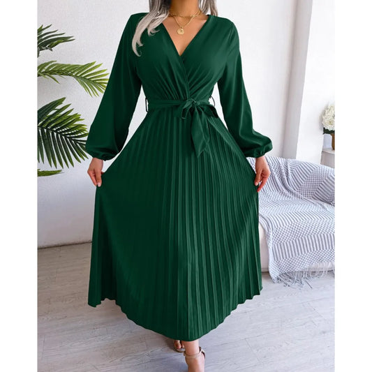 Women's Solid Color Lace Up Cross V-neck Big Swing Pleated Long-Sleeved Dress