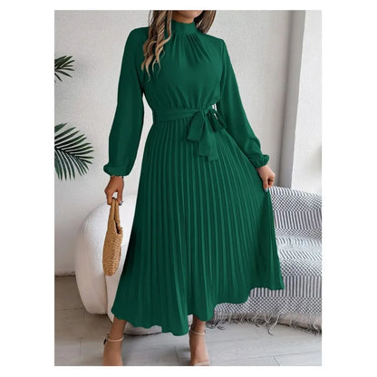 Women's Solid Color Elegant Stand Collar Long Sleeve Pleated Dress