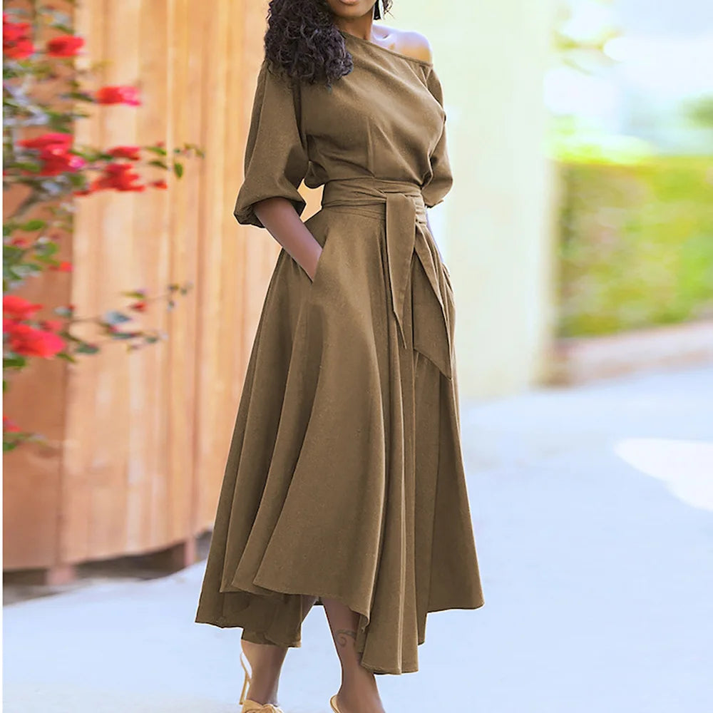 Elegant Diagonal Neck Middle Sleeve Women's Casual Retro Long Dress