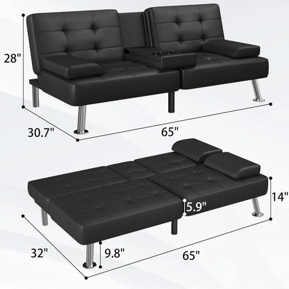 Modern Folding Futon Set Convertible Recliner Lounge for Living Room with 2CupHolders Removable Armrests