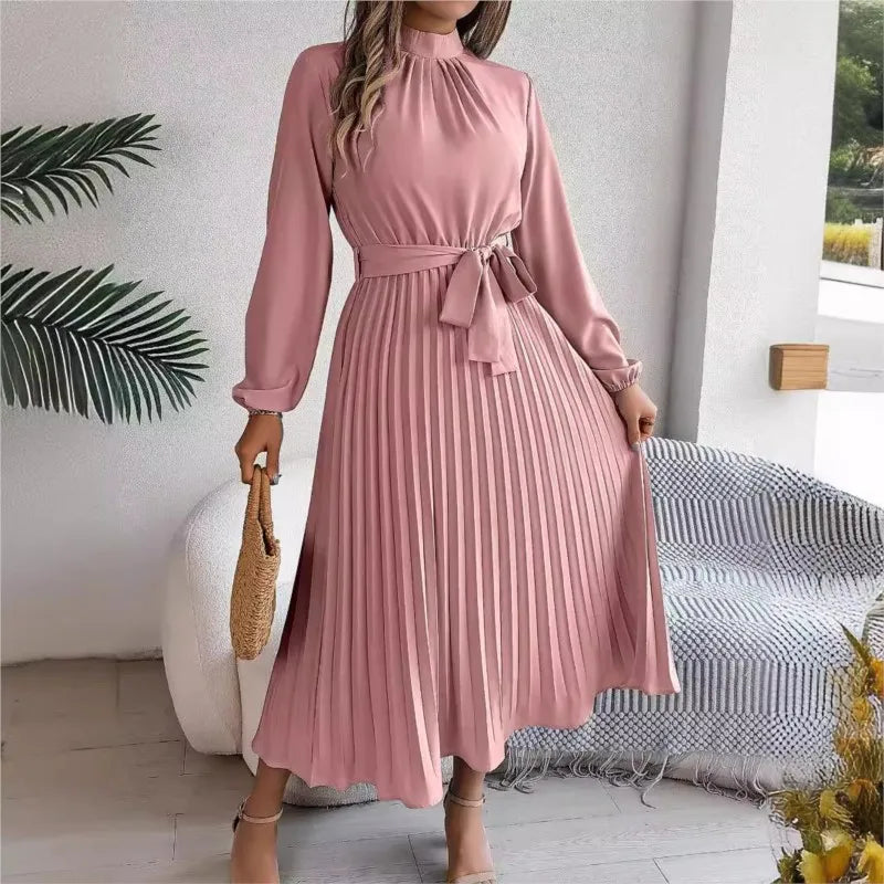 Women's Solid Color Elegant Stand Collar Long Sleeve Pleated Dress