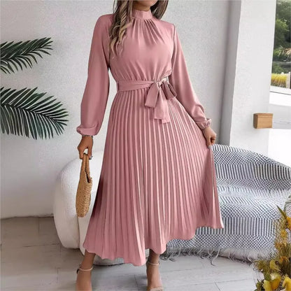 Women's Solid Color Elegant Stand Collar Long Sleeve Pleated Dress