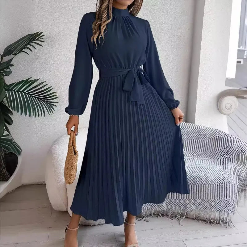 Women's Solid Color Elegant Stand Collar Long Sleeve Pleated Dress