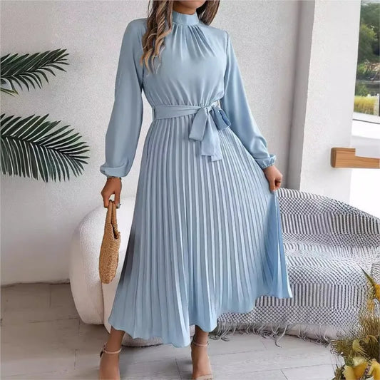 Women's Solid Color Elegant Stand Collar Long Sleeve Pleated Dress