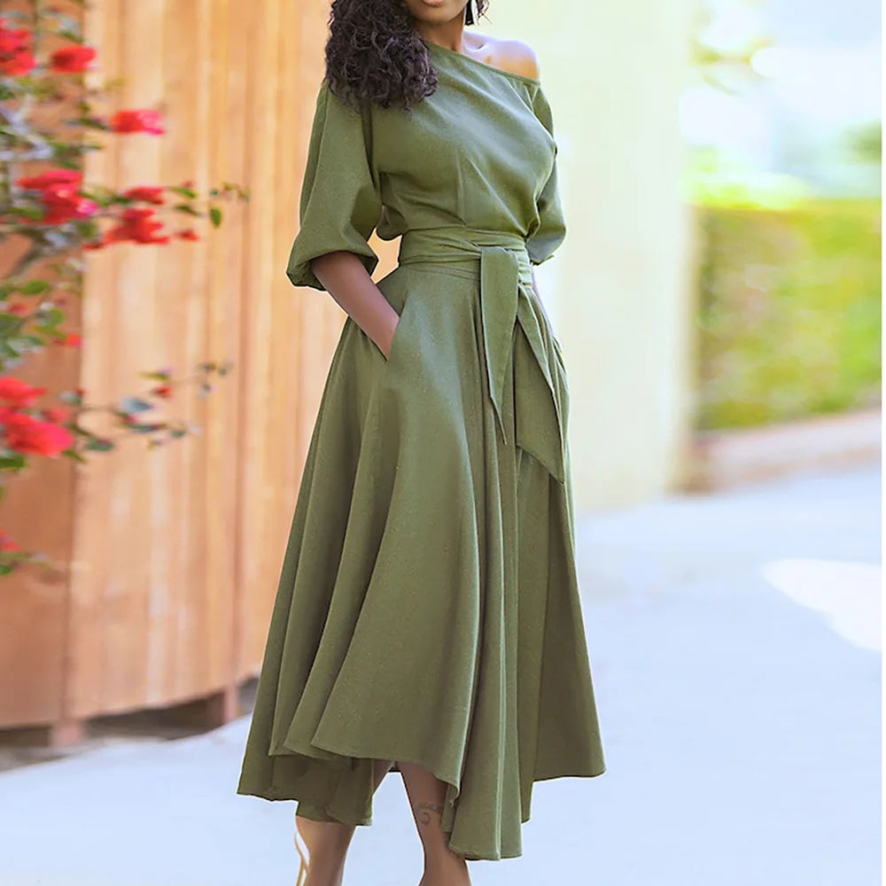 Elegant Diagonal Neck Middle Sleeve Women's Casual Retro Long Dress