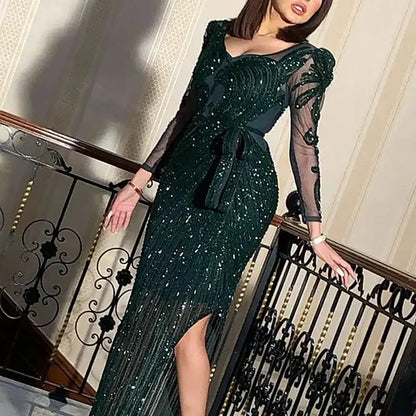 V-neck Sparkling Hot Printed Green Long Sleeve Evening Dress