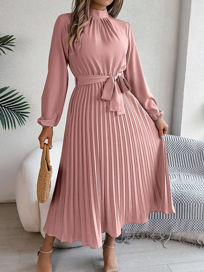 Women's Solid Color Elegant Stand Collar Long Sleeve Pleated Dress