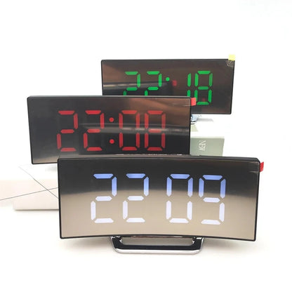 Curved Screen Mirror LED Digital Alarm Clock with Large Display USB Charging Powered