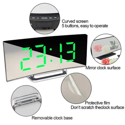 Curved Screen Mirror LED Digital Alarm Clock with Large Display USB Charging Powered