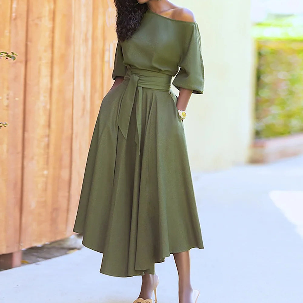 Elegant Diagonal Neck Middle Sleeve Women's Casual Retro Long Dress