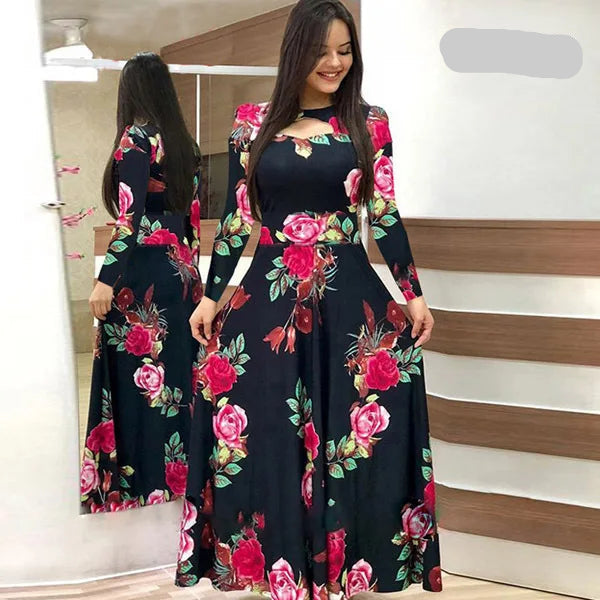 Elegant Fashion Flower Long Sleeved O-Neck Hollow Slim Fit Women Dress