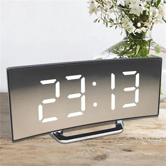 Curved Screen Mirror LED Digital Alarm Clock with Large Display USB Charging Powered