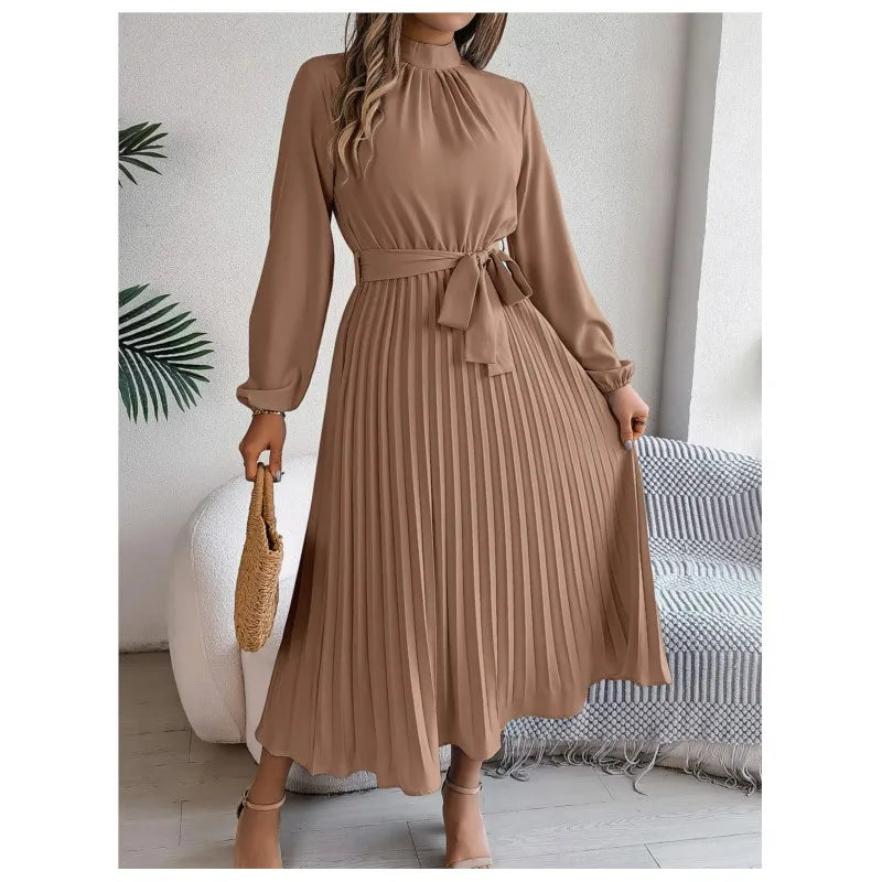 Women's Solid Color Elegant Stand Collar Long Sleeve Pleated Dress