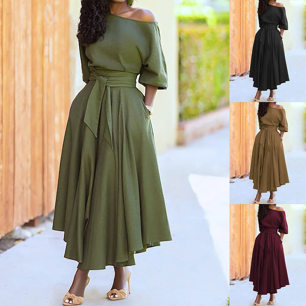 Elegant Diagonal Neck Middle Sleeve Women's Casual Retro Long Dress