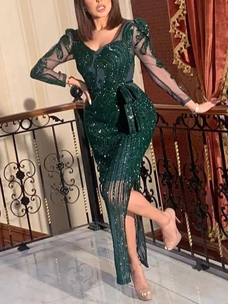 V-neck Sparkling Hot Printed Green Long Sleeve Evening Dress