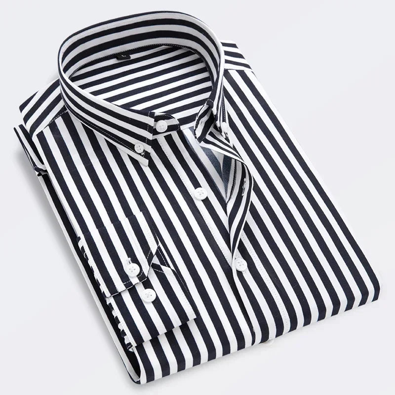 Men Striped Men's Casual Long Sleeve Business Formal Plaid Dress Shirt