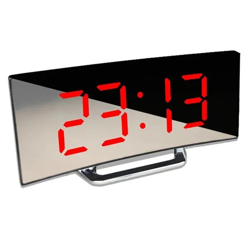 Curved Screen Mirror LED Digital Alarm Clock with Large Display USB Charging Powered