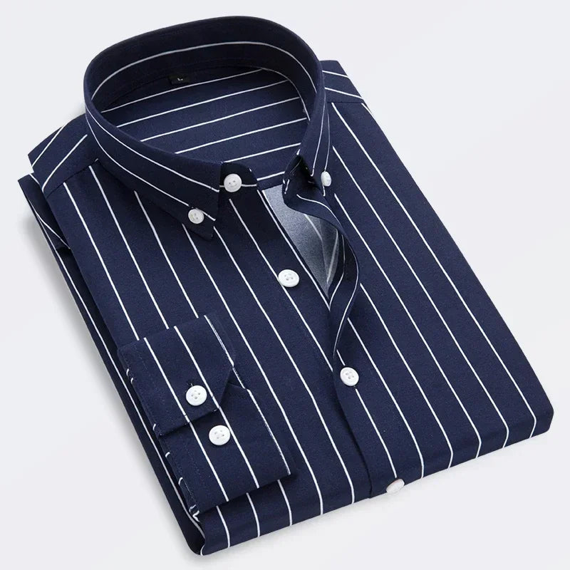 Men Striped Men's Casual Long Sleeve Business Formal Plaid Dress Shirt