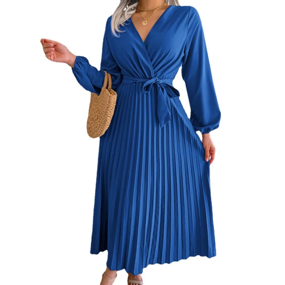 Women's Solid Color Lace Up Cross V-neck Big Swing Pleated Long-Sleeved Dress