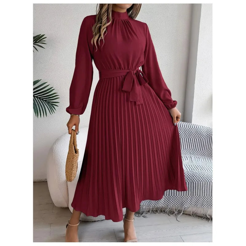 Women's Solid Color Elegant Stand Collar Long Sleeve Pleated Dress