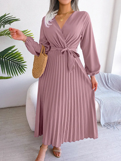 Women's Solid Color Lace Up Cross V-neck Big Swing Pleated Long-Sleeved Dress