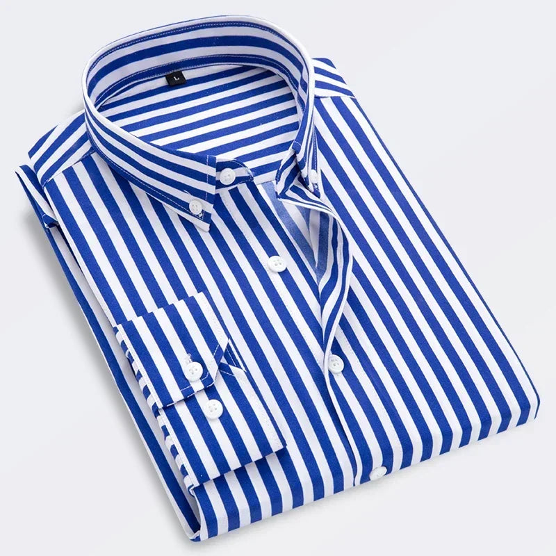 Men Striped Men's Casual Long Sleeve Business Formal Plaid Dress Shirt