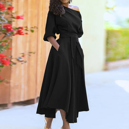 Elegant Diagonal Neck Middle Sleeve Women's Casual Retro Long Dress