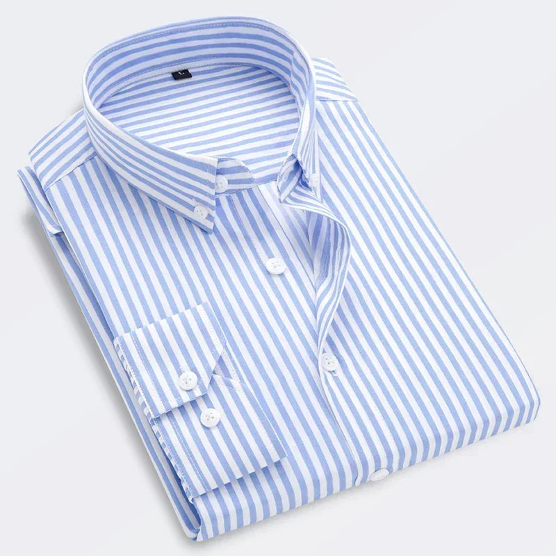 Men Striped Men's Casual Long Sleeve Business Formal Plaid Dress Shirt