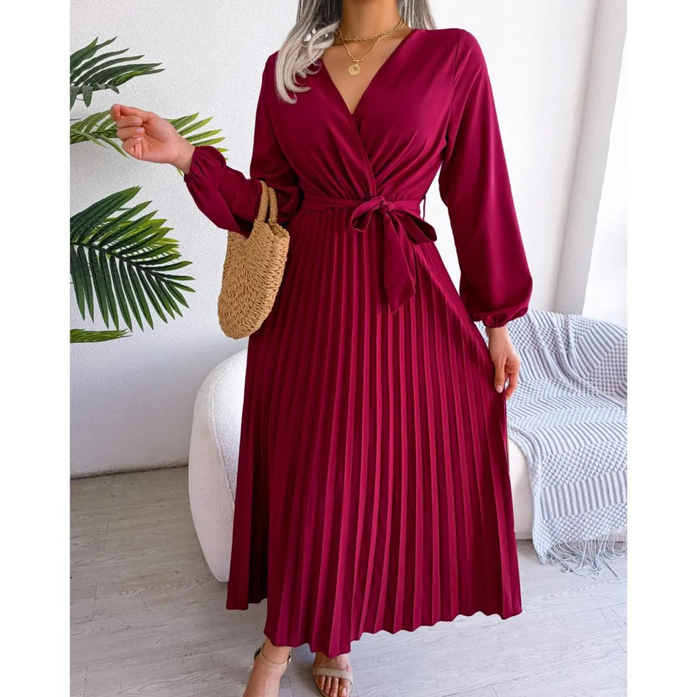 Women's Solid Color Lace Up Cross V-neck Big Swing Pleated Long-Sleeved Dress