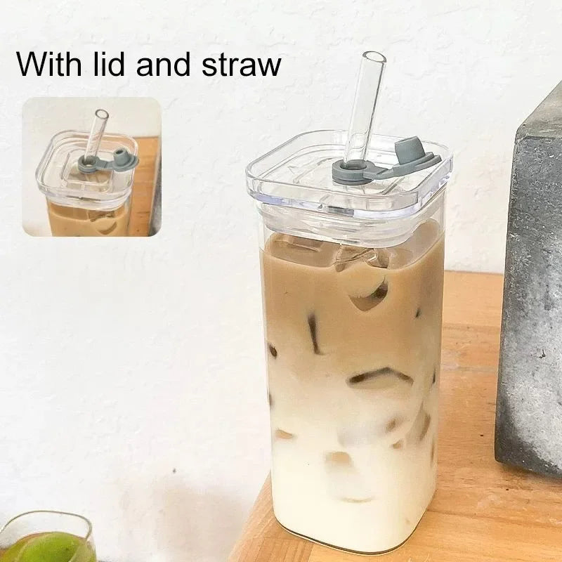 Square Heat Resistant Coffee Glass Cup With Lid and Straw