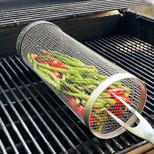 Round BBQ Basket Stainless Steel Rolling Grilling Basket