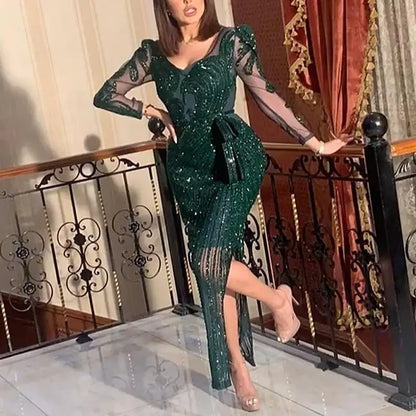 V-neck Sparkling Hot Printed Green Long Sleeve Evening Dress