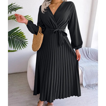 Women's Solid Color Lace Up Cross V-neck Big Swing Pleated Long-Sleeved Dress