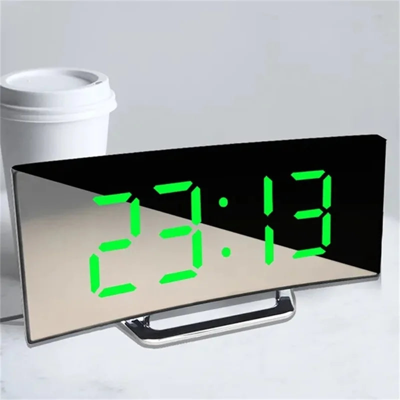 Curved Screen Mirror LED Digital Alarm Clock with Large Display USB Charging Powered