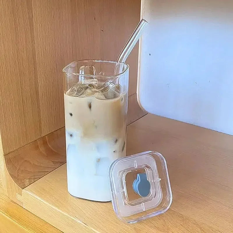 Square Heat Resistant Coffee Glass Cup With Lid and Straw