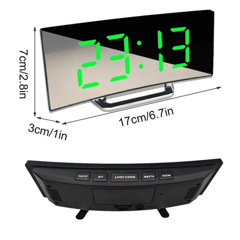 Curved Screen Mirror LED Digital Alarm Clock with Large Display USB Charging Powered