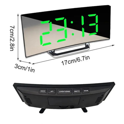 Curved Screen Mirror LED Digital Alarm Clock with Large Display USB Charging Powered